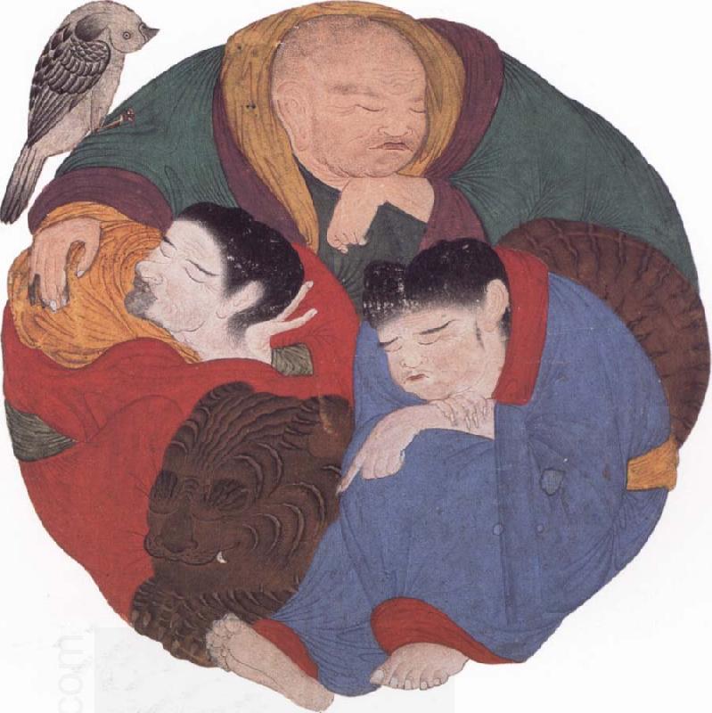 Muslim artist Three arhat-s in a circle,with their tame tiger China oil painting art